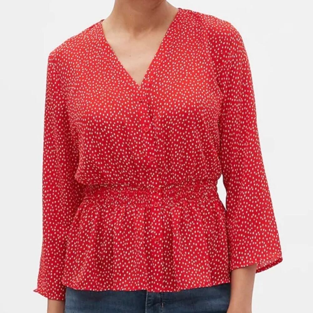 BANANA REPUBLIC | Smocked-Waist Blouse Red Polka Dot Button Peplum | Medium